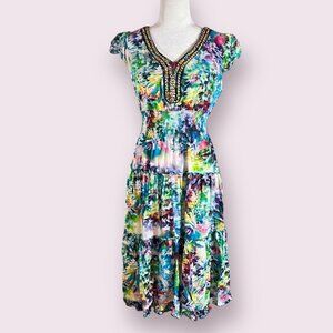 GIORGIO SEDRA Women's Boho Dress Multicolor Beaded Size Large Smock Waist